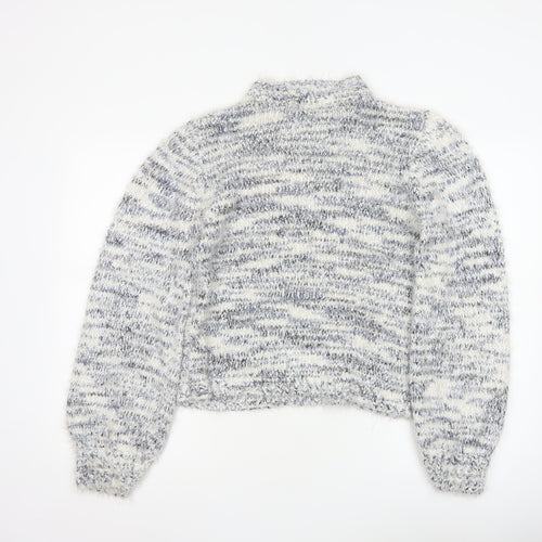 Lauren Taylor Women’s Blue Ivory Stripe Chunky Knit High Neck Jumper M