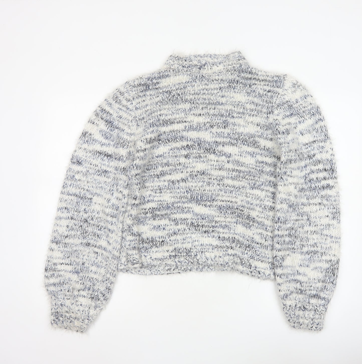 Lauren Taylor Women’s Blue Ivory Stripe Chunky Knit High Neck Jumper M