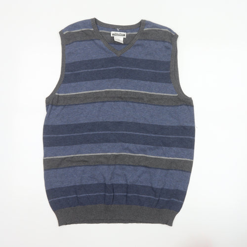 Midtown Men’s Blue Grey Striped V-Neck Cotton Knit Vest L