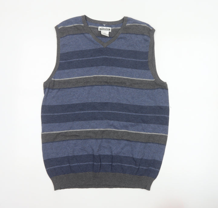 Midtown Men’s Blue Grey Striped V-Neck Cotton Knit Vest L