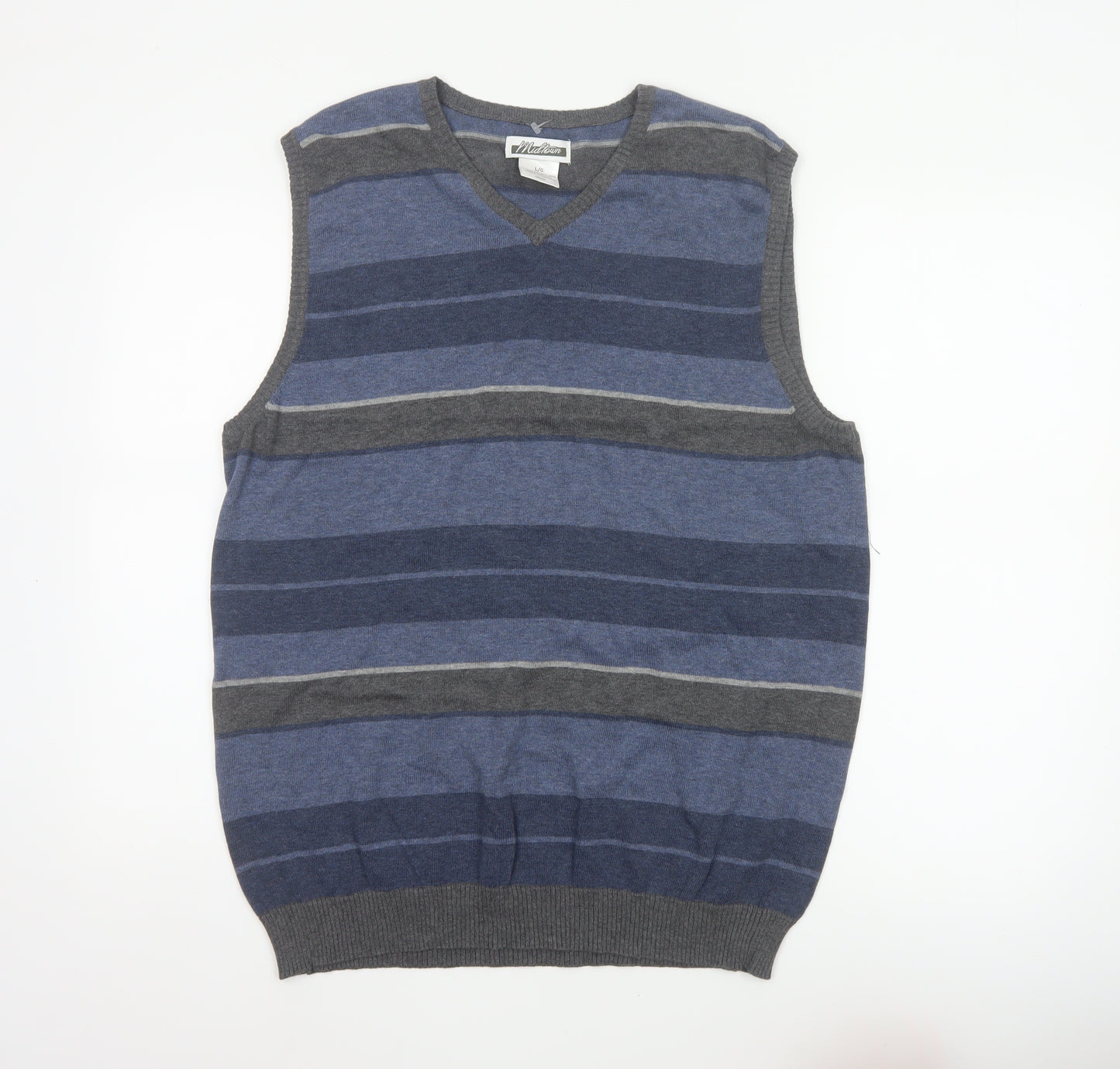 Midtown Men’s Blue Grey Striped V-Neck Cotton Knit Vest L