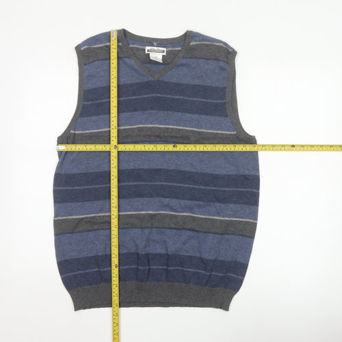 Midtown Men’s Blue Grey Striped V-Neck Cotton Knit Vest L