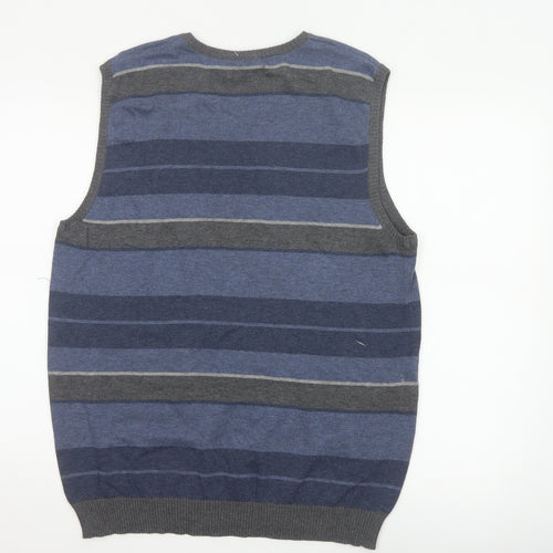 Midtown Men’s Blue Grey Striped V-Neck Cotton Knit Vest L