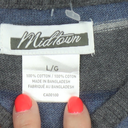 Midtown Men’s Blue Grey Striped V-Neck Cotton Knit Vest L