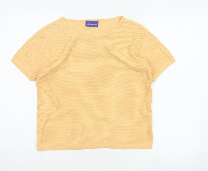 Liz Claiborne Women Yellow S Cotton Knit Jersey Cap Sleeve T-Shirt