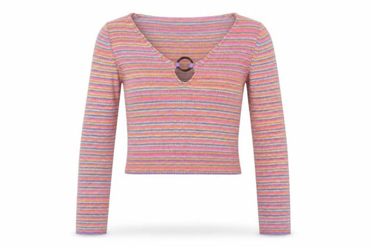 Front view of ASOS Design Women’s Multicoloured Stripe V-Neck Cropped Jumper UK 10