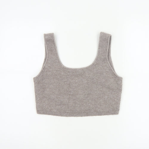 H&M Women Grey UK 14 Cropped Rib Knit Scoop Neck Tank Top