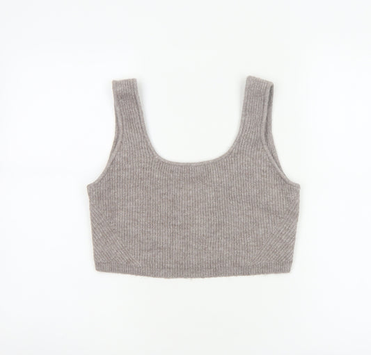 H&M Women Grey UK 14 Cropped Rib Knit Scoop Neck Tank Top