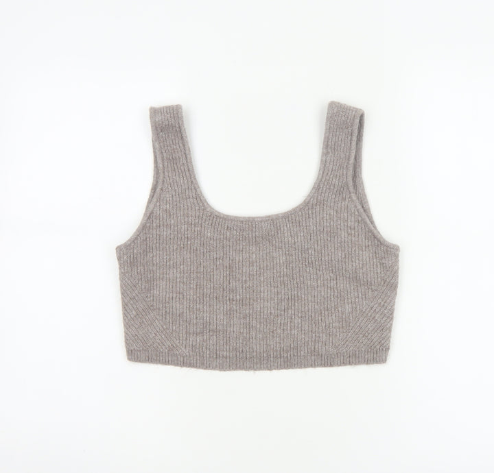 H&M Women Grey UK 14 Cropped Rib Knit Scoop Neck Tank Top