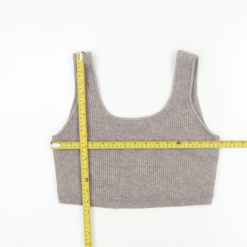 H&M Women Grey UK 14 Cropped Rib Knit Scoop Neck Tank Top