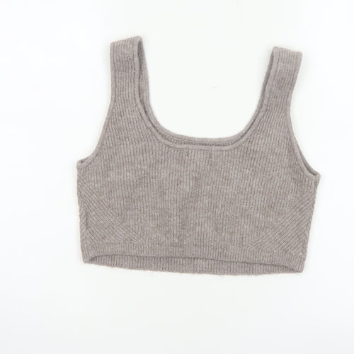 H&M Women Grey UK 14 Cropped Rib Knit Scoop Neck Tank Top
