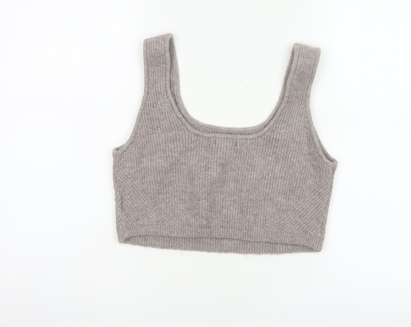 H&M Women Grey UK 14 Cropped Rib Knit Scoop Neck Tank Top