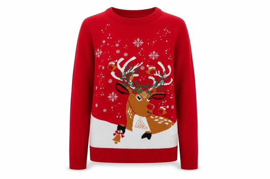 Front view of ESMARA Women Red, size 12, Christmas Reindeer Crew Neck Knit Jumper