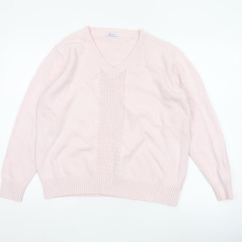 Damart Women Pink Cotton V-Neck Knit Pullover Jumper UK 20