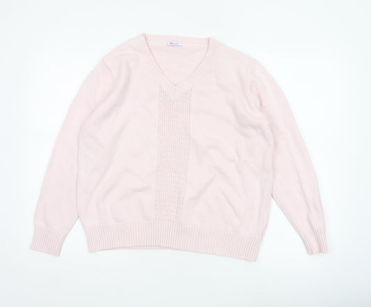 Damart Women Pink Cotton V-Neck Knit Pullover Jumper UK 20