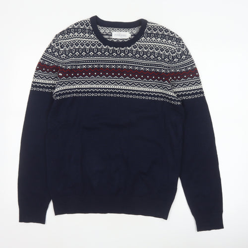 Pier One Men's Blue M Fair Isle Crew Neck Knit Pullover Jumper
