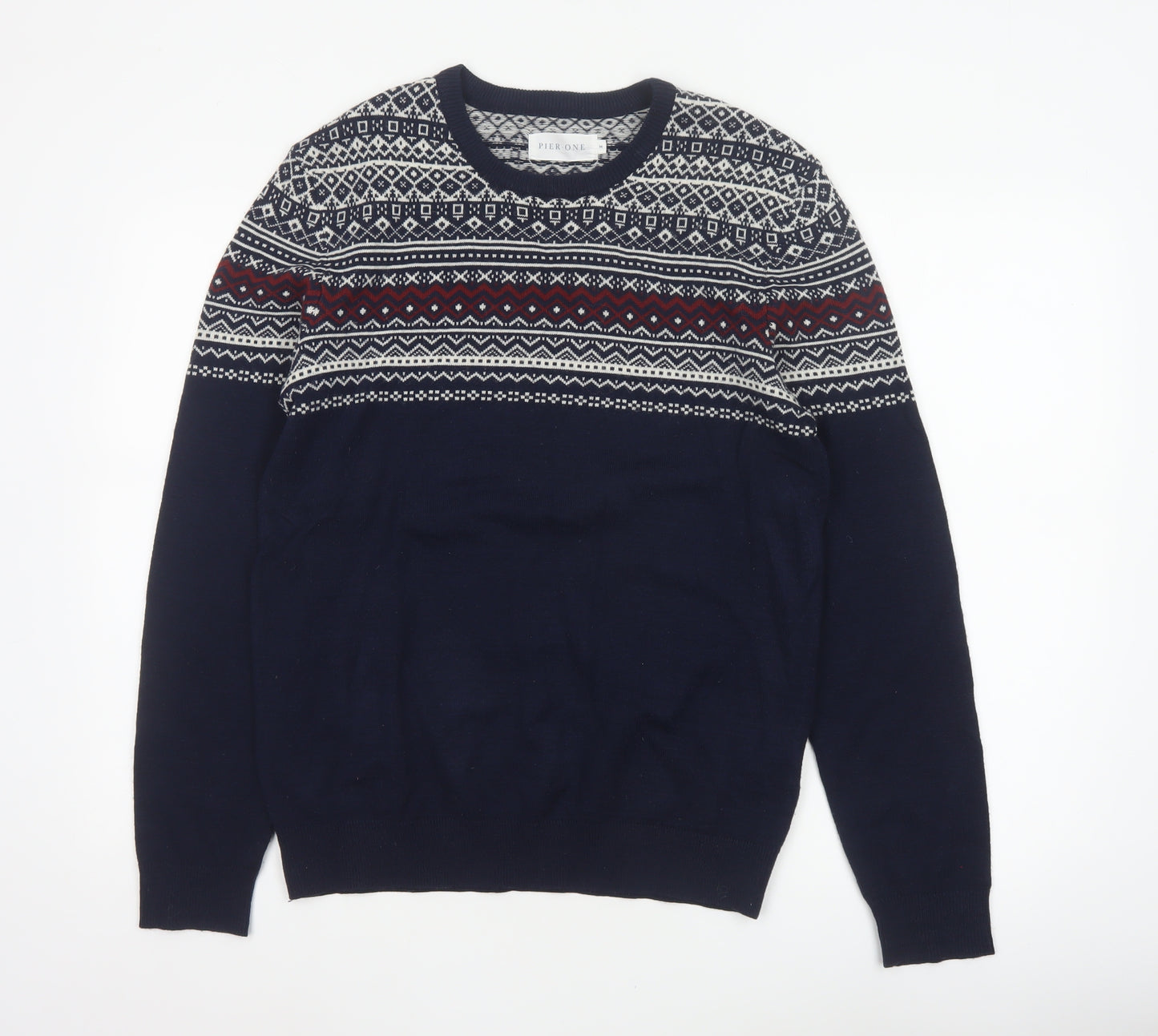 Pier One Men's Blue M Fair Isle Crew Neck Knit Pullover Jumper