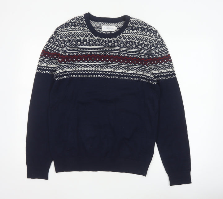 Pier One Men's Blue M Fair Isle Crew Neck Knit Pullover Jumper