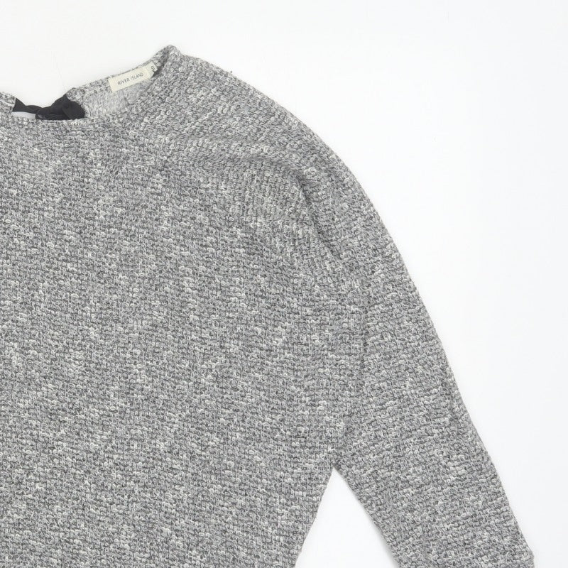 River Island Women Grey Size 10 Knit Tie Back Long Sleeve Basic Top