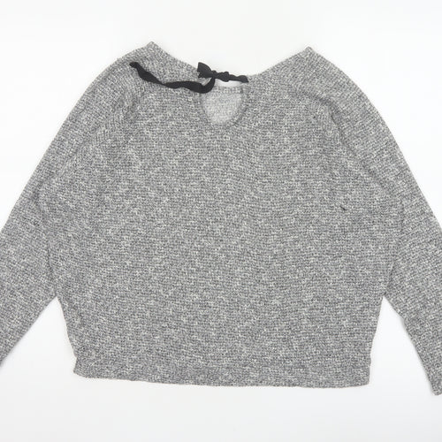 River Island Women Grey Size 10 Knit Tie Back Long Sleeve Basic Top