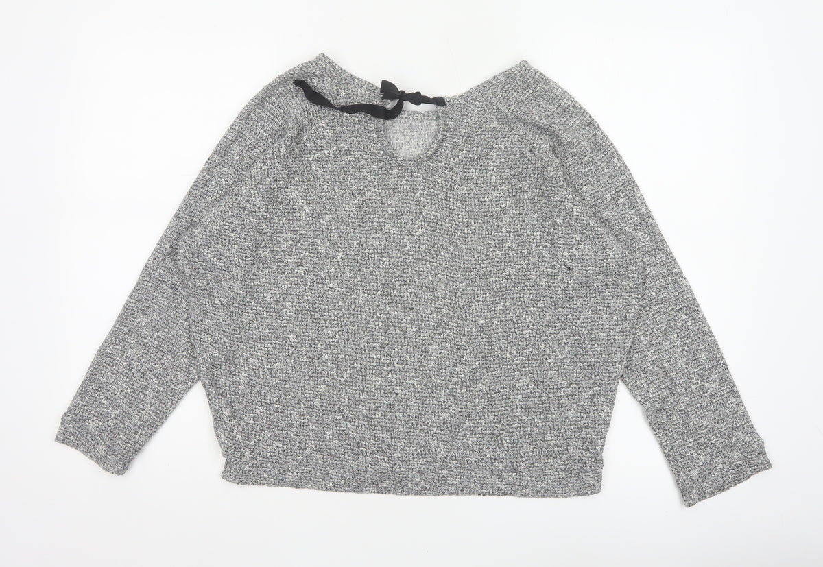 River Island Women Grey Size 10 Knit Tie Back Long Sleeve Basic Top