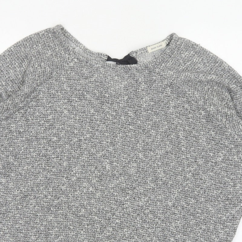 River Island Women Grey Size 10 Knit Tie Back Long Sleeve Basic Top