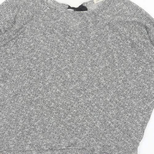 River Island Women Grey Size 10 Knit Tie Back Long Sleeve Basic Top