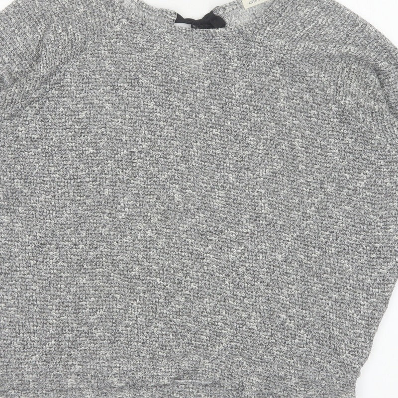River Island Women Grey Size 10 Knit Tie Back Long Sleeve Basic Top