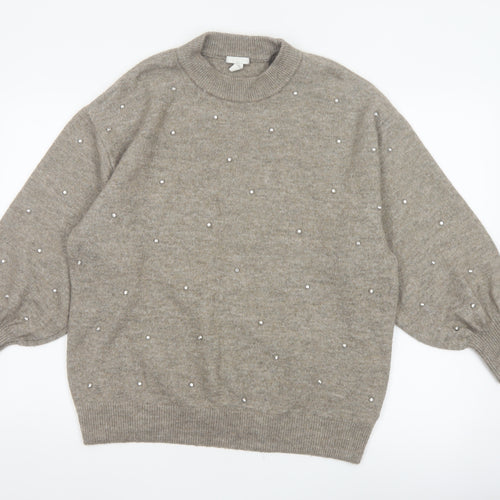 H&M Mama Women’s Grey M Pearl Embellished Mock Neck Knit Jumper