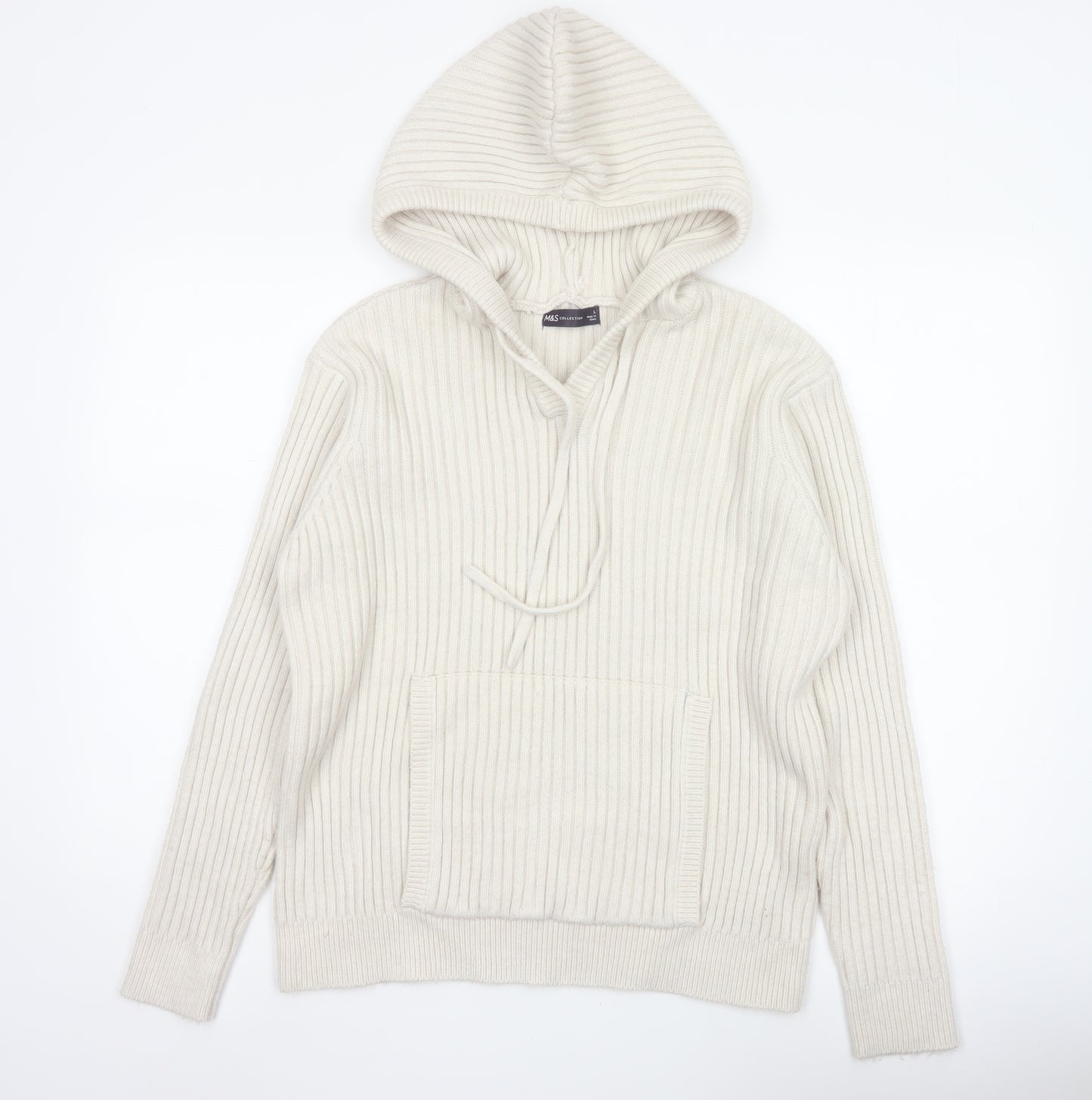 M&S Collection Women Ivory L Rib Knit Hooded Pullover Jumper