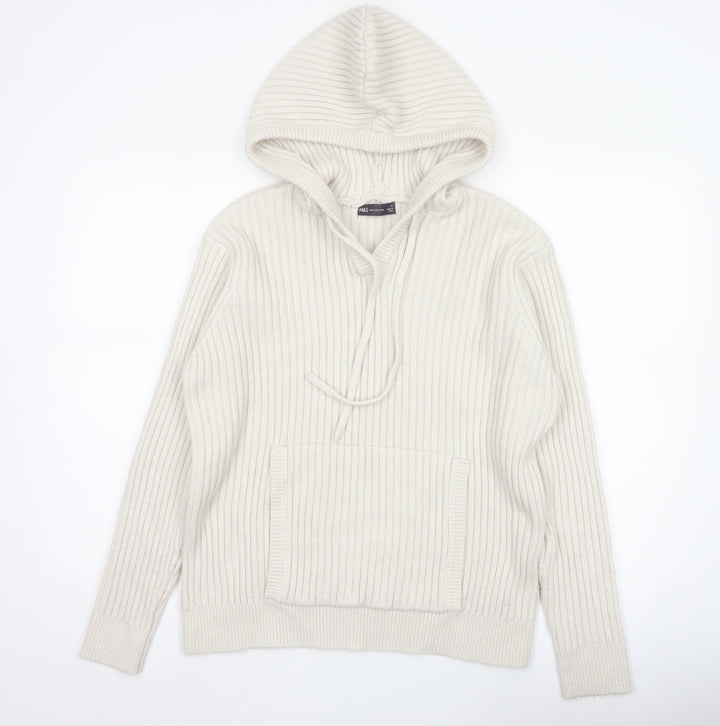 M&S Collection Women Ivory L Rib Knit Hooded Pullover Jumper