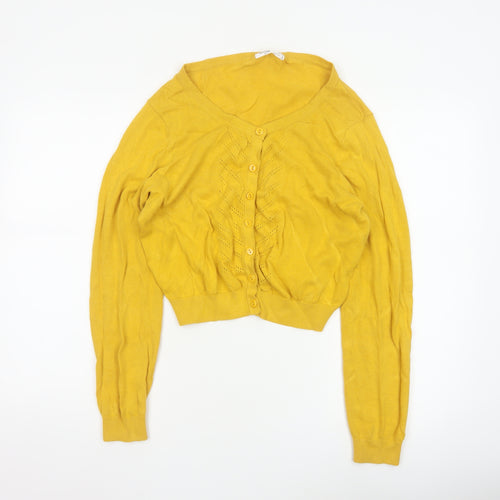 Ally Women’s Yellow Cotton V-Neck Button Open-Knit Cardigan UK 14