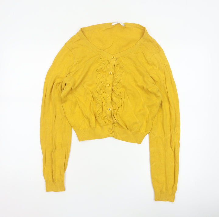 Ally Women’s Yellow Cotton V-Neck Button Open-Knit Cardigan UK 14