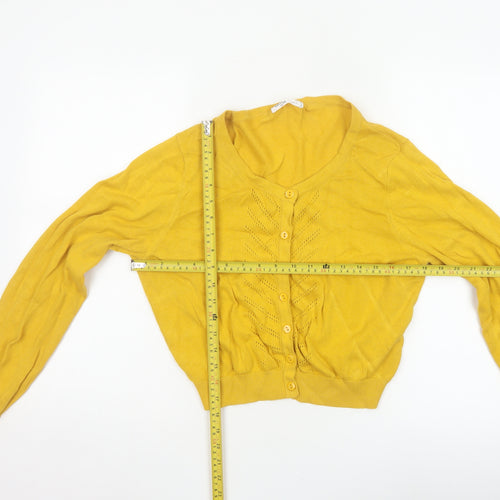 Ally Women’s Yellow Cotton V-Neck Button Open-Knit Cardigan UK 14