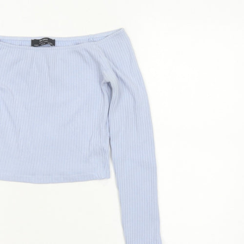 Bershka Women Blue S Off Shoulder Ribbed Cropped Long Sleeve Top