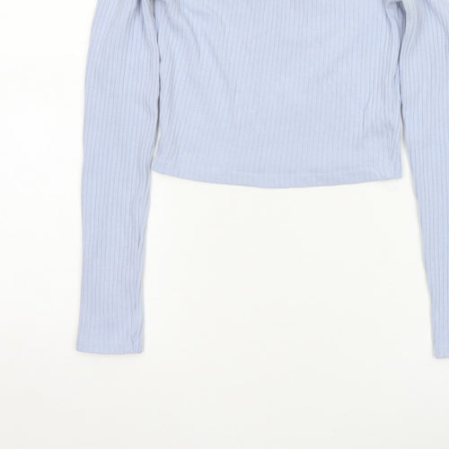 Bershka Women Blue S Off Shoulder Ribbed Cropped Long Sleeve Top