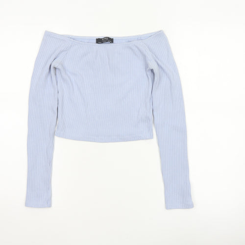 Bershka Women Blue S Off Shoulder Ribbed Cropped Long Sleeve Top