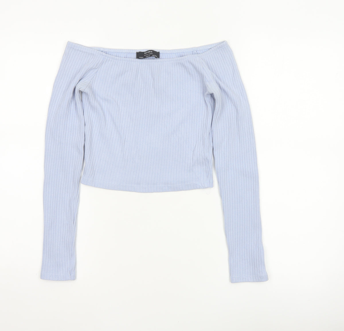 Bershka Women Blue S Off Shoulder Ribbed Cropped Long Sleeve Top