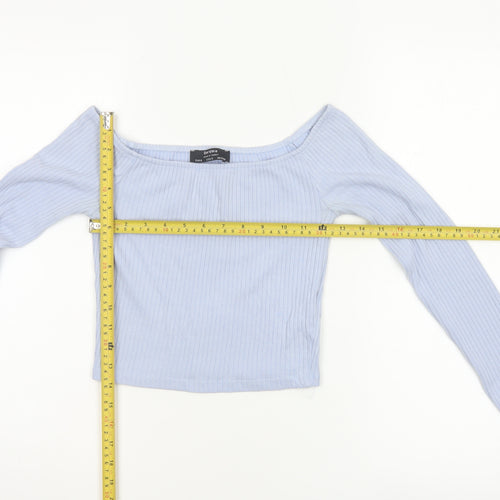Bershka Women Blue S Off Shoulder Ribbed Cropped Long Sleeve Top
