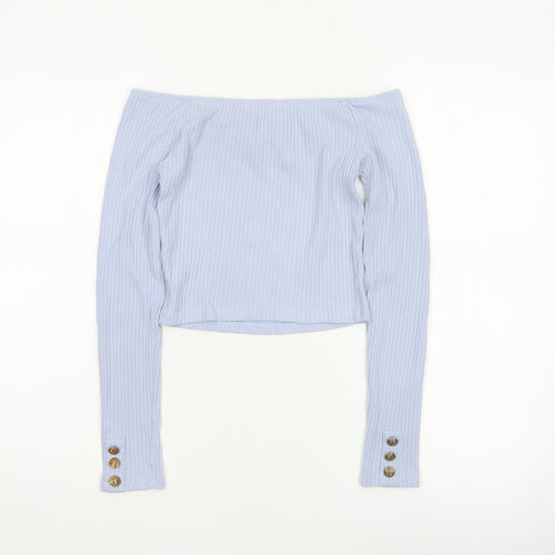Bershka Women Blue S Off Shoulder Ribbed Cropped Long Sleeve Top