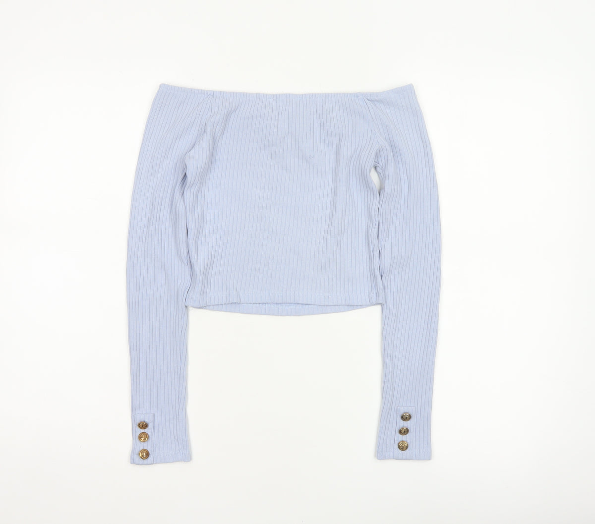 Bershka Women Blue S Off Shoulder Ribbed Cropped Long Sleeve Top