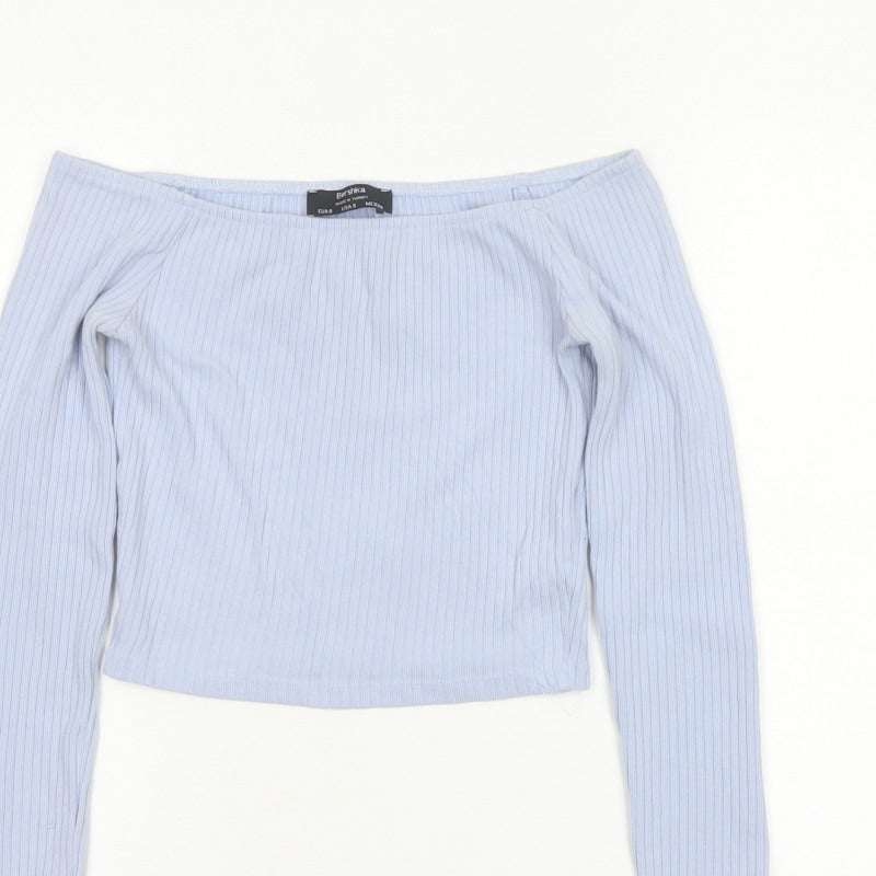 Bershka Women Blue S Off Shoulder Ribbed Cropped Long Sleeve Top