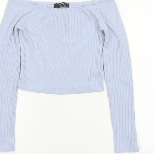 Bershka Women Blue S Off Shoulder Ribbed Cropped Long Sleeve Top