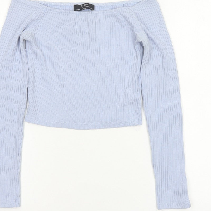 Bershka Women Blue S Off Shoulder Ribbed Cropped Long Sleeve Top
