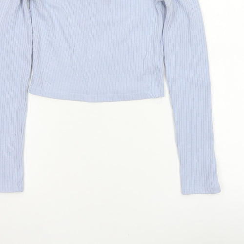 Bershka Women Blue S Off Shoulder Ribbed Cropped Long Sleeve Top
