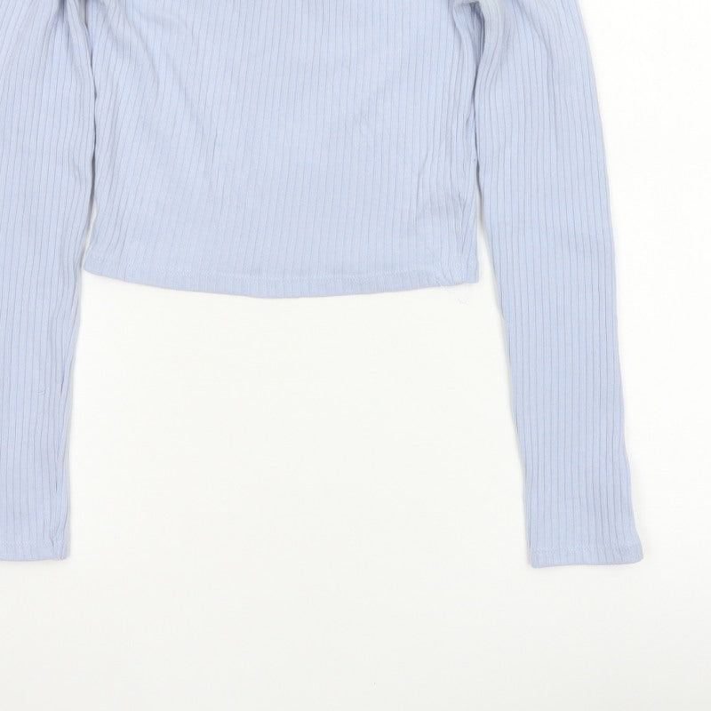 Bershka Women Blue S Off Shoulder Ribbed Cropped Long Sleeve Top