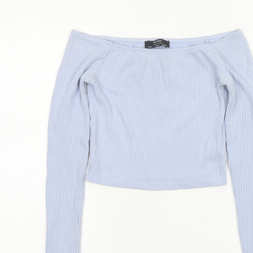 Bershka Women Blue S Off Shoulder Ribbed Cropped Long Sleeve Top