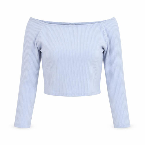 Bershka Women Blue S Off Shoulder Ribbed Cropped Long Sleeve Top