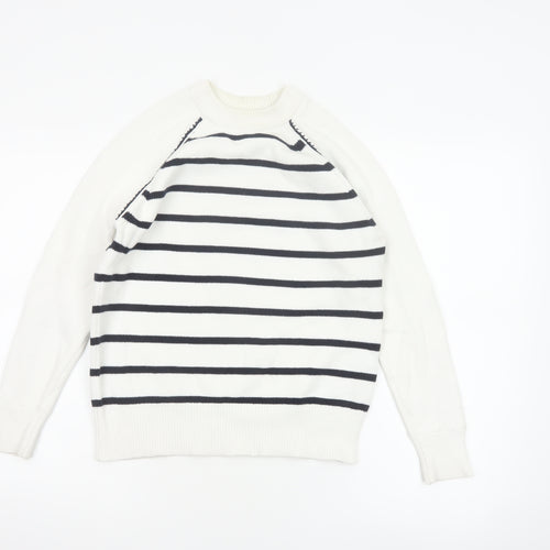 Marks & Spencer Women White XS Striped Crew Neck Knit Pullover Jumper