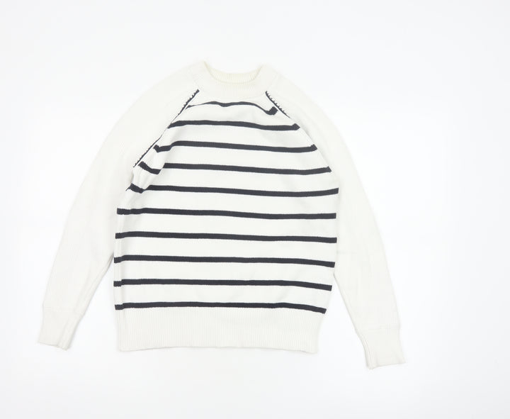 Marks & Spencer Women White XS Striped Crew Neck Knit Pullover Jumper